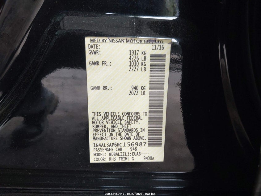 VIN 1N4AL3AP6HC156987 2017 NISSAN ALTIMA 2.5 SV