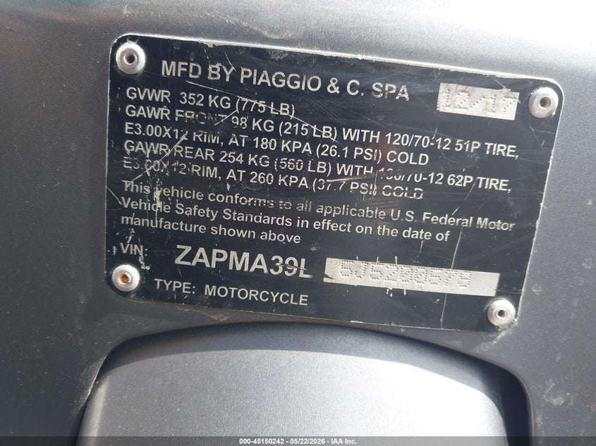 2018 Vespa/Piag Gts 300 VIN: ZAPMA39L5J5200579 Lot: 45150242