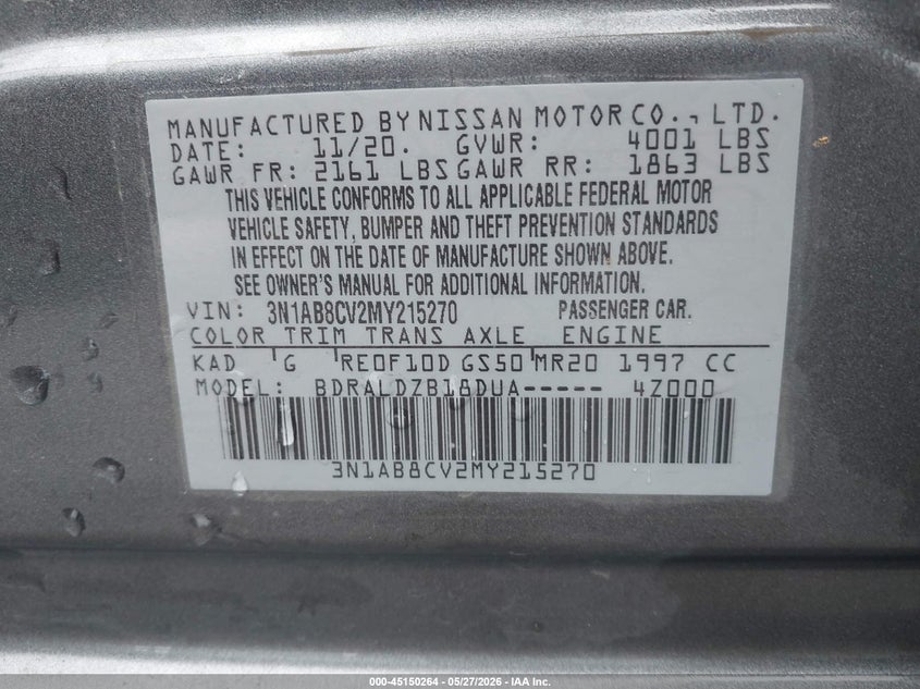VIN 3N1AB8CV2MY215270 2021 NISSAN SENTRA SV XTRONIC CVT