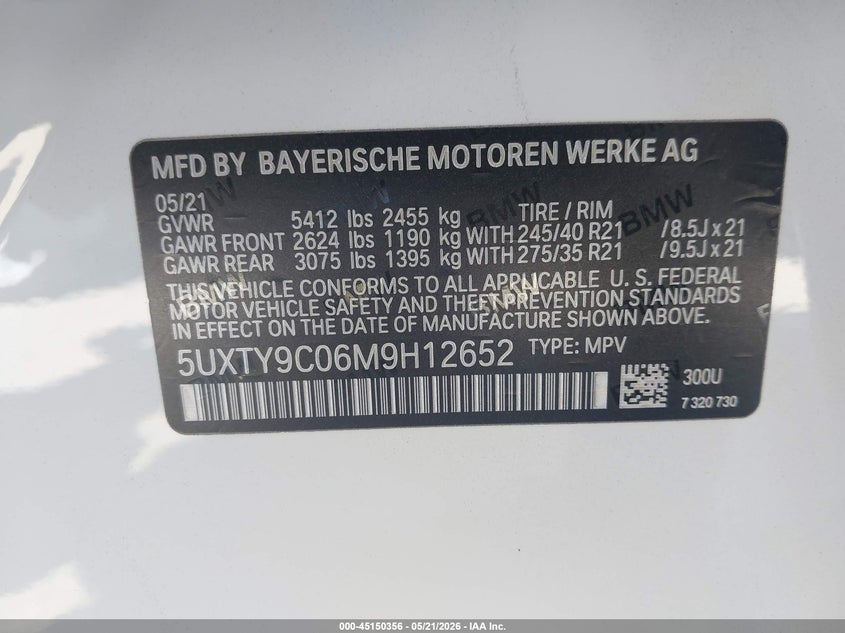 2021 BMW X3 SPORT UTILITY VEHICLE 3.0L I-6 DI, DOHC, VVT, TURBO, 382HP