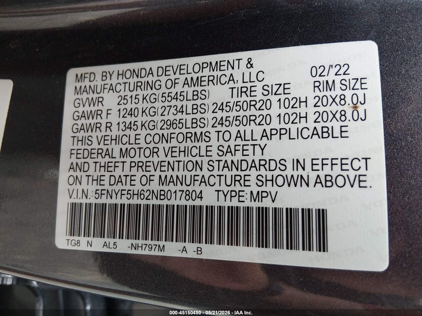 2022 HONDA PILOT SPORT UTILITY VEHICLE 3.5L V-6 DI, VVT, 280HP