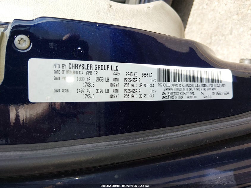 2012 Chrysler Town & Country Limited VIN: 2C4RC1GG4CR345727 Lot: 45150490