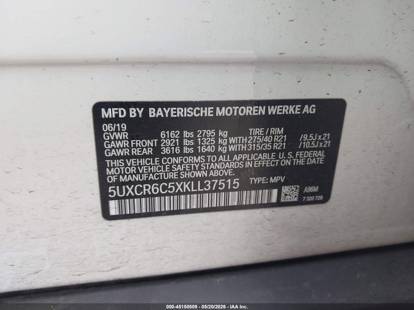 VIN: 5UXCR6C5XKLL37515 2019 BMW X5 XDRIVE40I