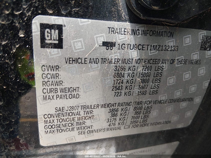 GMC SIERRA 1500 2021 VIN 1GTU9CET1MZ132133