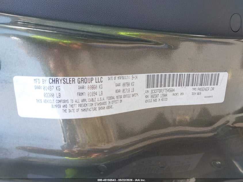 2015 Fiat 500 Sport VIN: 3C3CFFBR1FT545604 Lot: 45150543