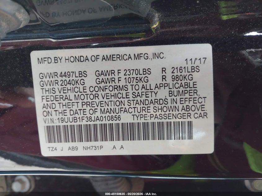 2018 Acura Tlx VIN: 19UUB1F38JA010856 Lot: 45150635