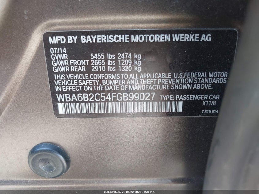 2015 BMW 650I Gran Coupe VIN: WBA6B2C54FGB99027 Lot: 45150672