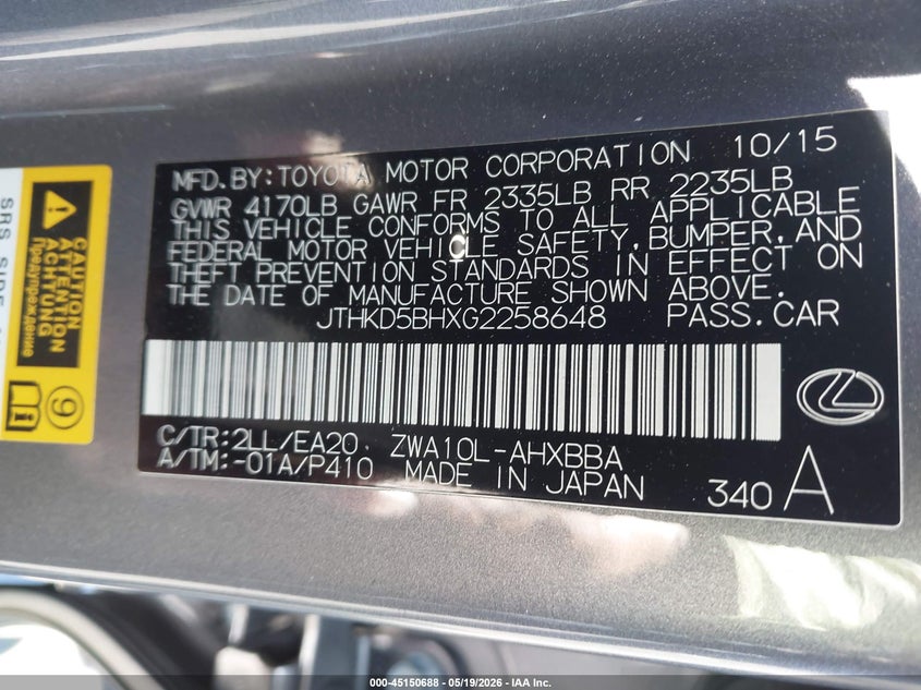 2016 Lexus Ct 200H VIN: JTHKD5BHXG2258648 Lot: 45150688
