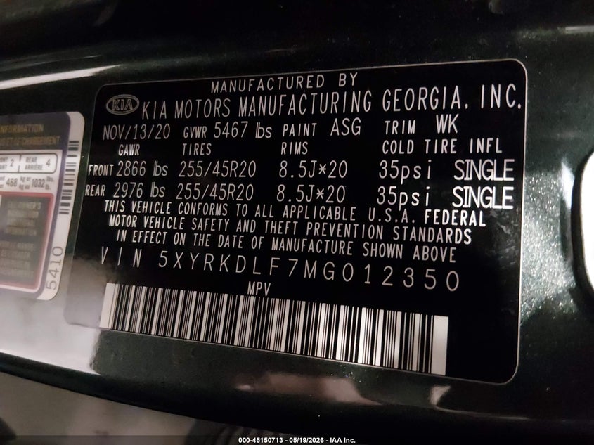 VIN 5XYRKDLF7MG012350 2021 KIA SORENTO SX PRESTIGE