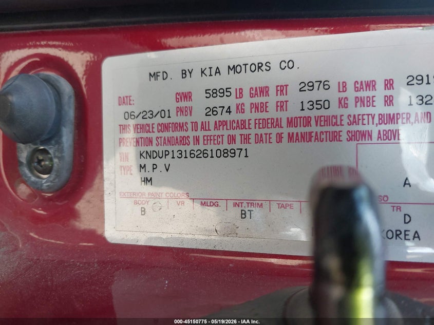 2002 Kia Sedona Ex/Lx VIN: KNDUP131626108971 Lot: 45150775