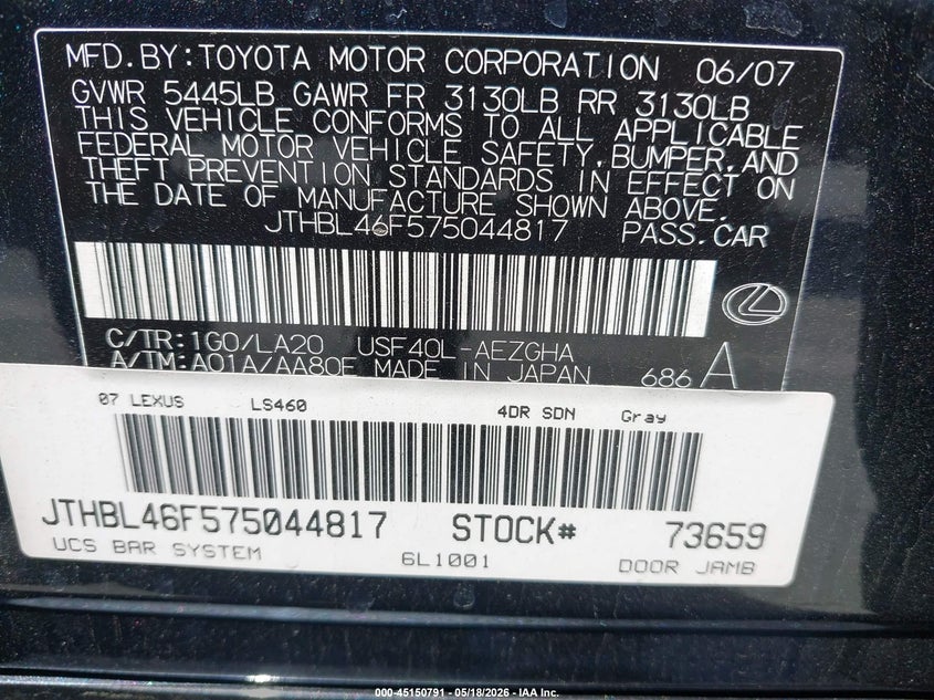 2007 Lexus Ls 460 VIN: JTHBL46F575044817 Lot: 45150791