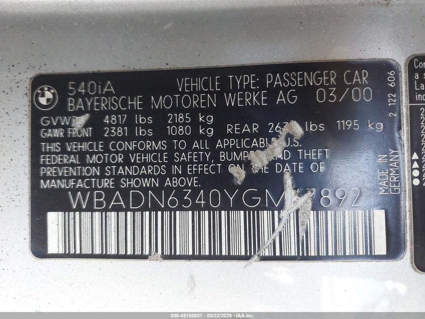2000 BMW 540Ia VIN: WBADN6340YGM67892 Lot: 45150857