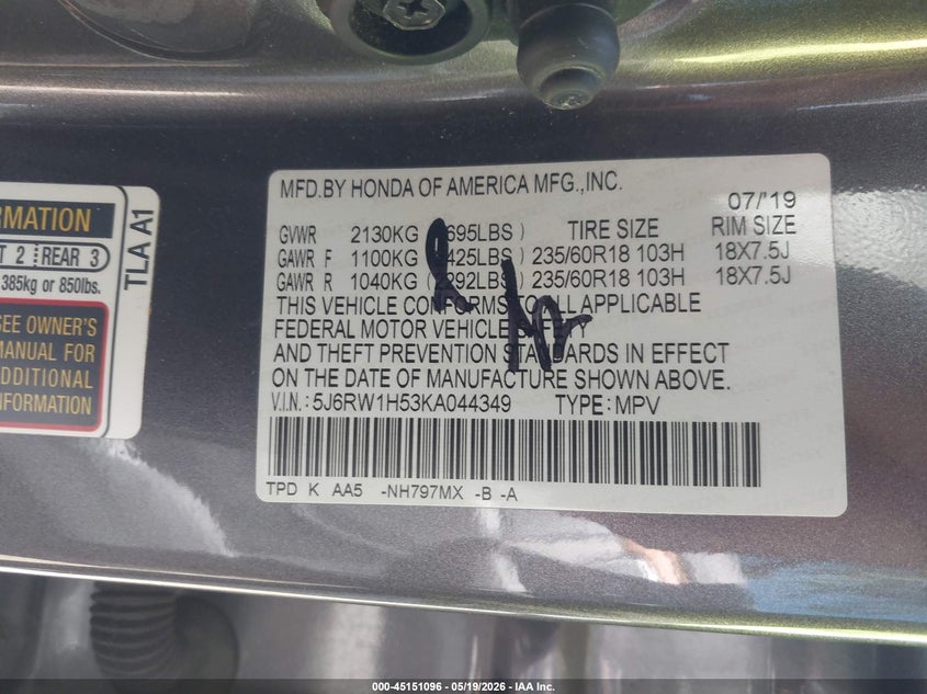 VIN 5J6RW1H53KA044349 2019 HONDA CR-V EX