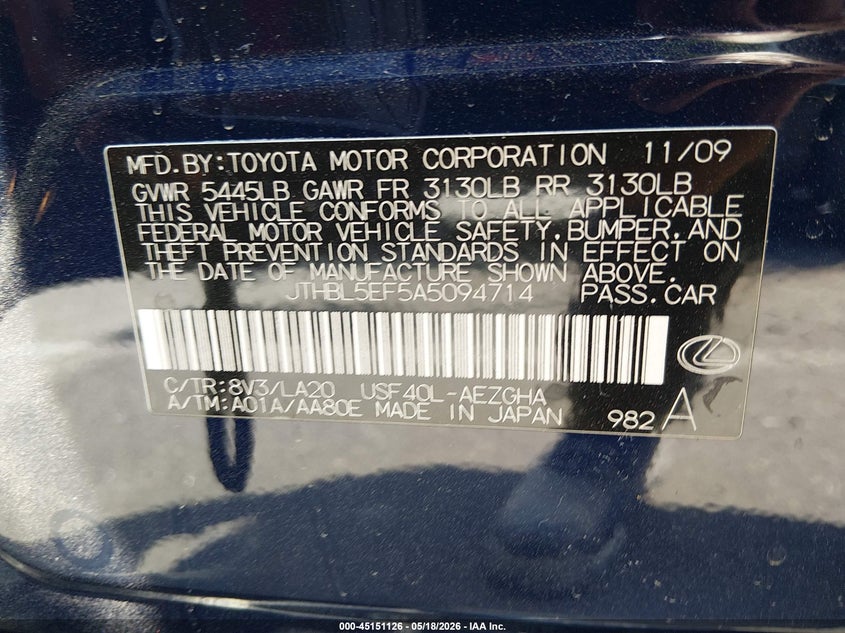 2010 Lexus Ls 460 VIN: JTHBL5EF5A5094714 Lot: 45151126