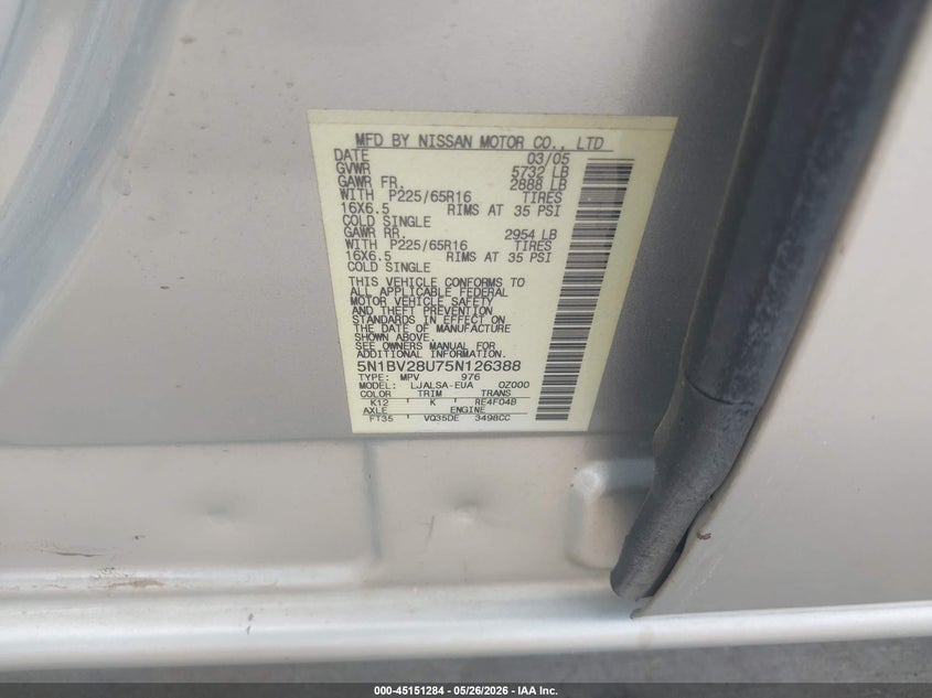 2005 Nissan Quest 3.5 S VIN: 5N1BV28U75N126388 Lot: 45151284