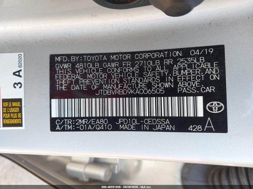 2019 Toyota Mirai VIN: JTDBVRBD9KA006505 Lot: 45151315