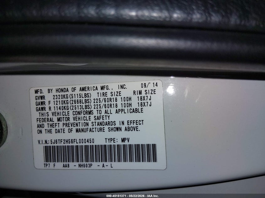 2015 Honda Crosstour Ex-L V6 VIN: 5J6TF2H56FL000450 Lot: 45151371