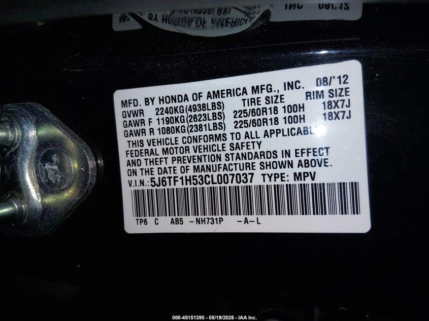 2012 Honda Crosstour Ex-L VIN: 5J6TF1H53CL007037 Lot: 45151390