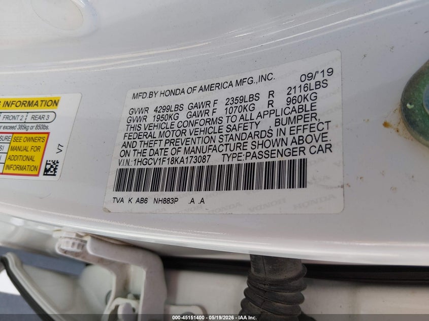 VIN 1HGCV1F18KA173087 2019 HONDA ACCORD LX
