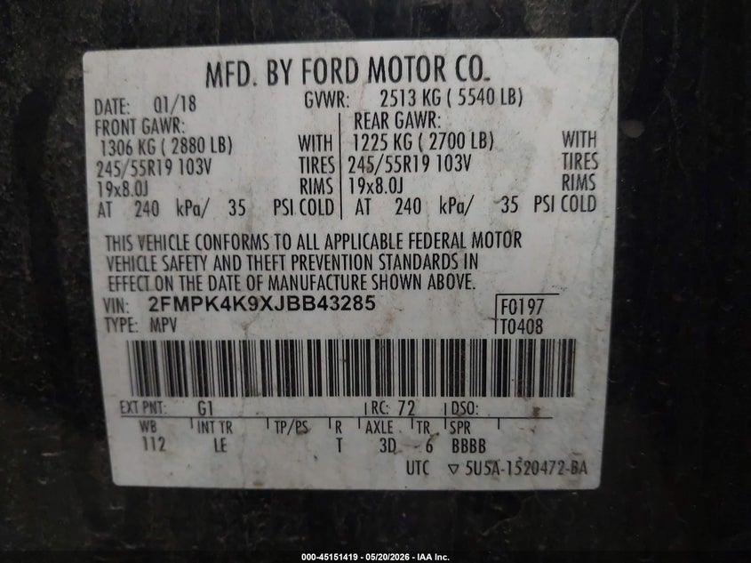 VIN 2FMPK4K9XJBB43285 2018 FORD EDGE TITANIUM