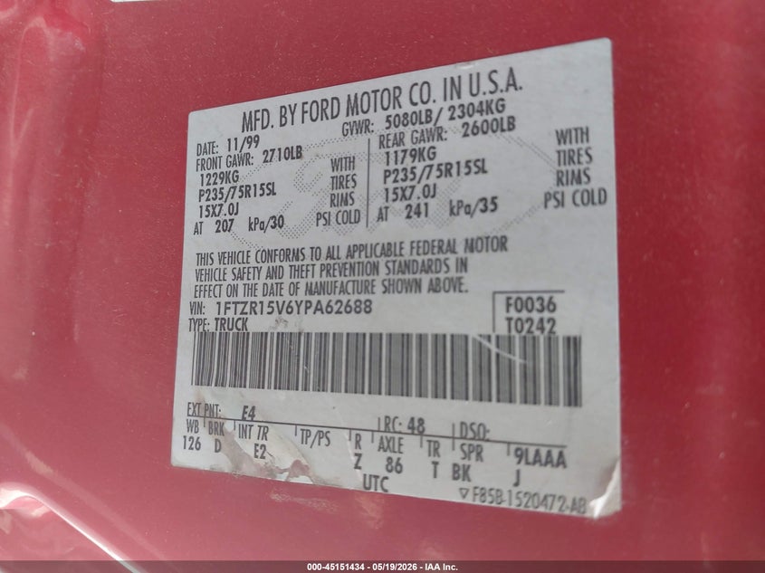 2000 Ford Ranger Xl/Xlt VIN: 1FTZR15V6YPA62688 Lot: 45151434