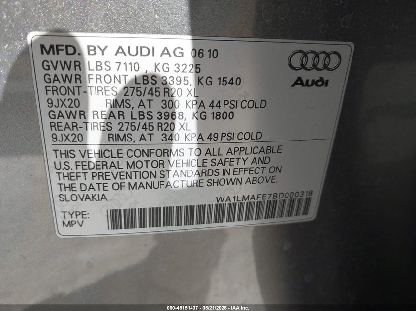 2011 Audi Q7 3.0 3.0 Tdi Premium grey Lot 111045151437 Vin WA1LMAFE7BD000318