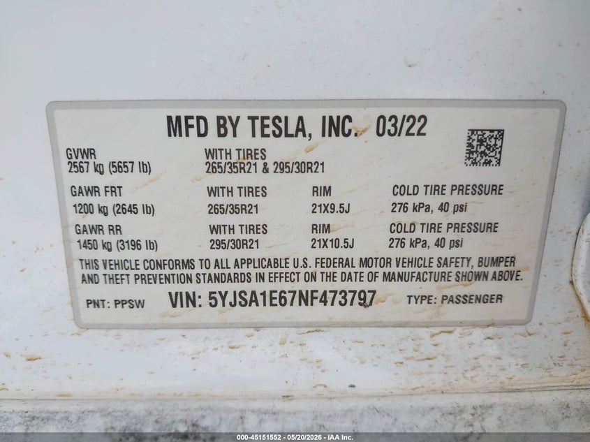 2022 Tesla Model S Plaid VIN: 5YJSA1E67NF473797 Lot: 45151552