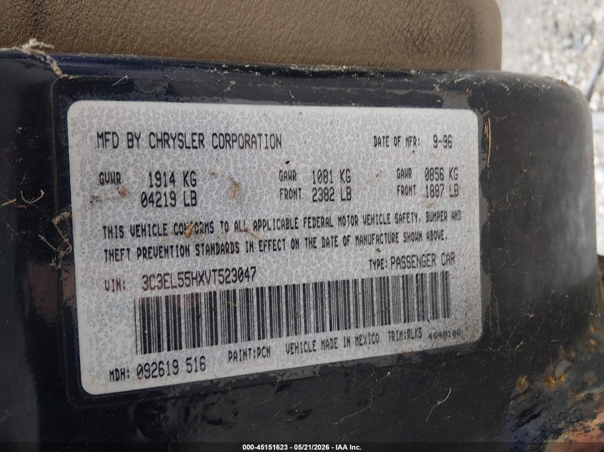 1997 Chrysler Sebring Jxi VIN: 3C3EL55HXVT523047 Lot: 45151623
