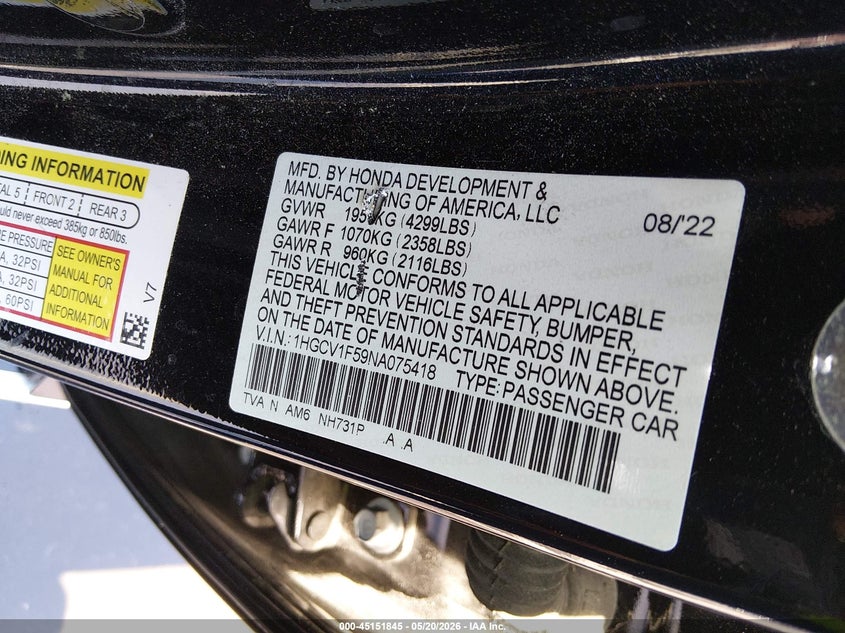 VIN 1HGCV1F59NA075418 2022 HONDA ACCORD EX-L