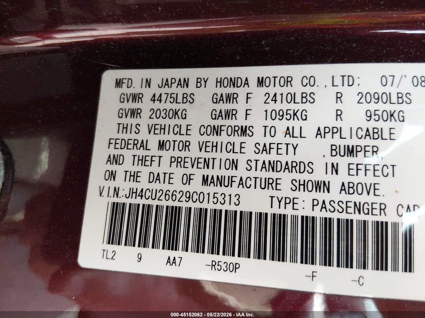 2009 Acura Tsx VIN: JH4CU26629C015313 Lot: 45152062