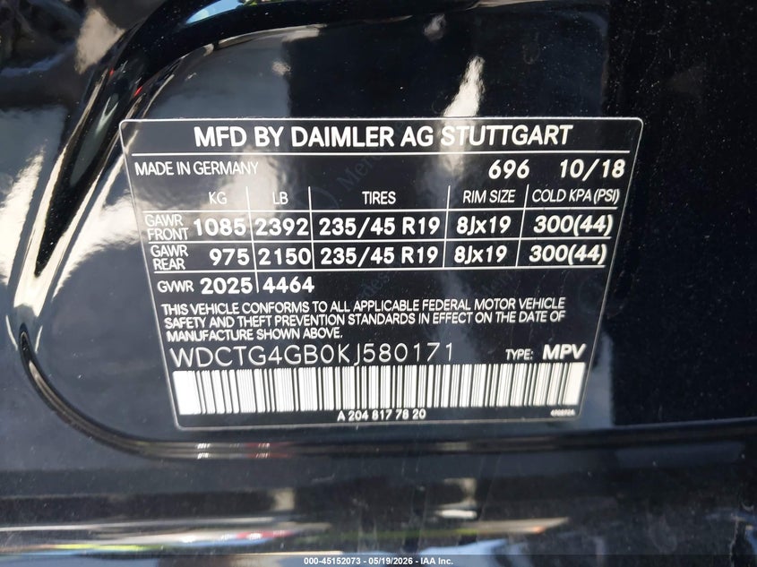 2019 Mercedes-Benz Gla 250 4Matic VIN: WDCTG4GB0KJ580171 Lot: 45152073