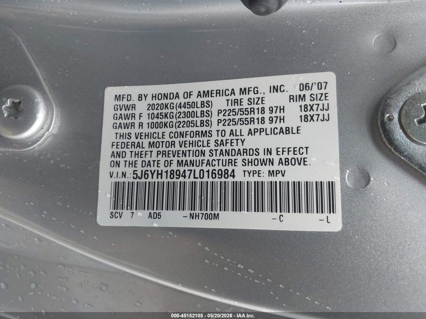 2007 Honda Element Sc VIN: 5J6YH18947L016984 Lot: 45152105