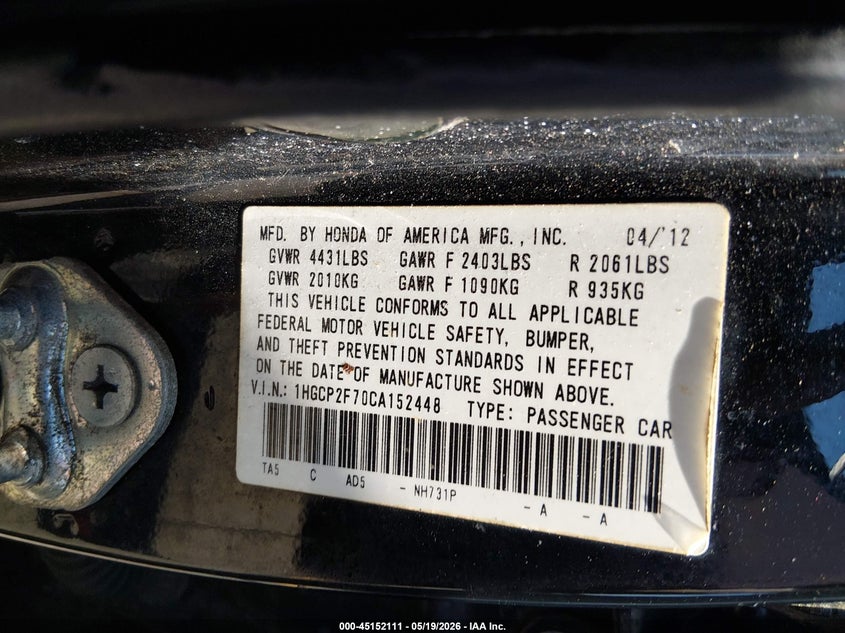2012 Honda Accord 2.4 2.4 Ex black Lot 111045152111 Vin 1HGCP2F70CA152448