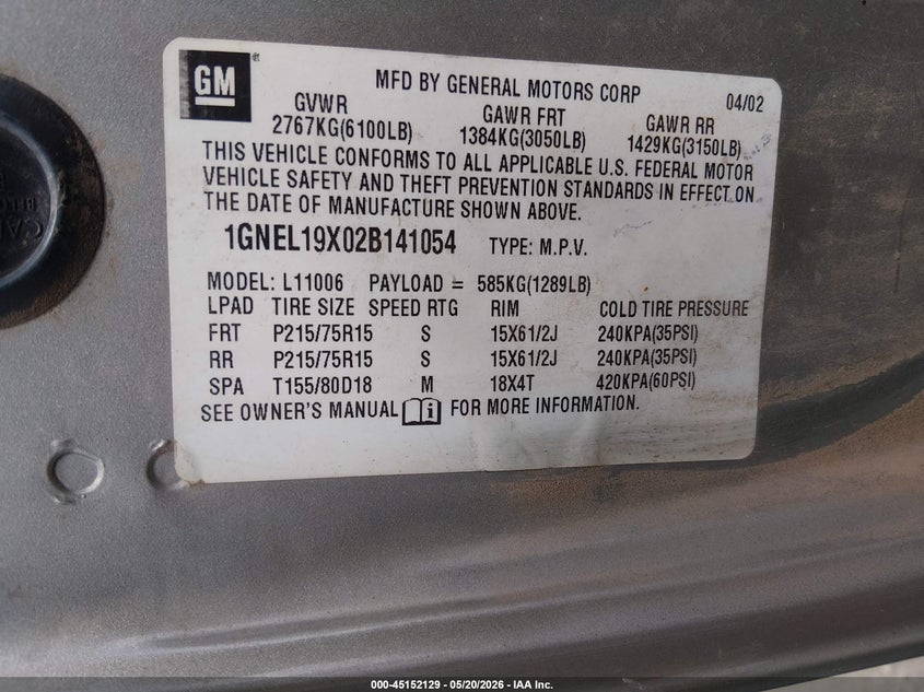 2002 Chevrolet Astro Ls VIN: 1GNEL19X02B141054 Lot: 45152129