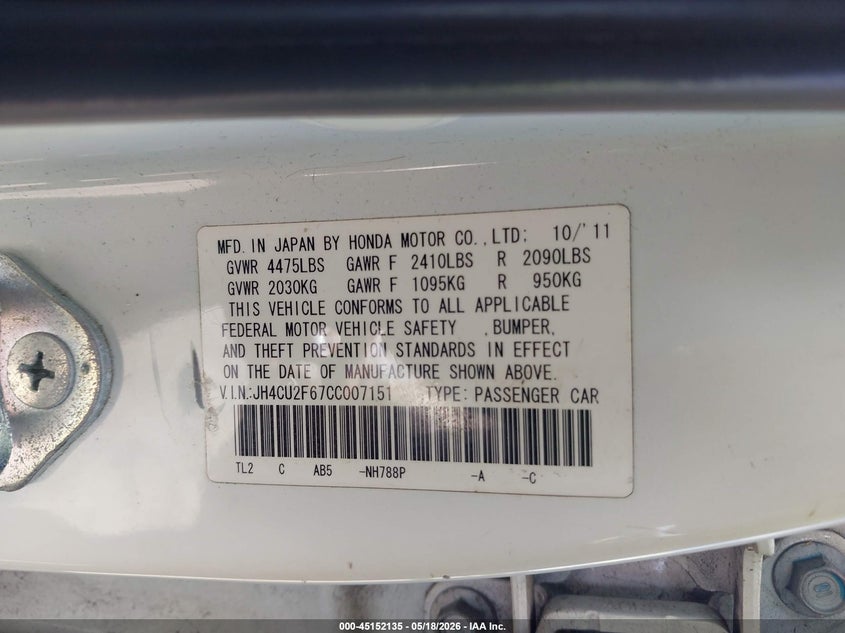 2012 Acura Tsx 2.4 VIN: JH4CU2F67CC007151 Lot: 45152135