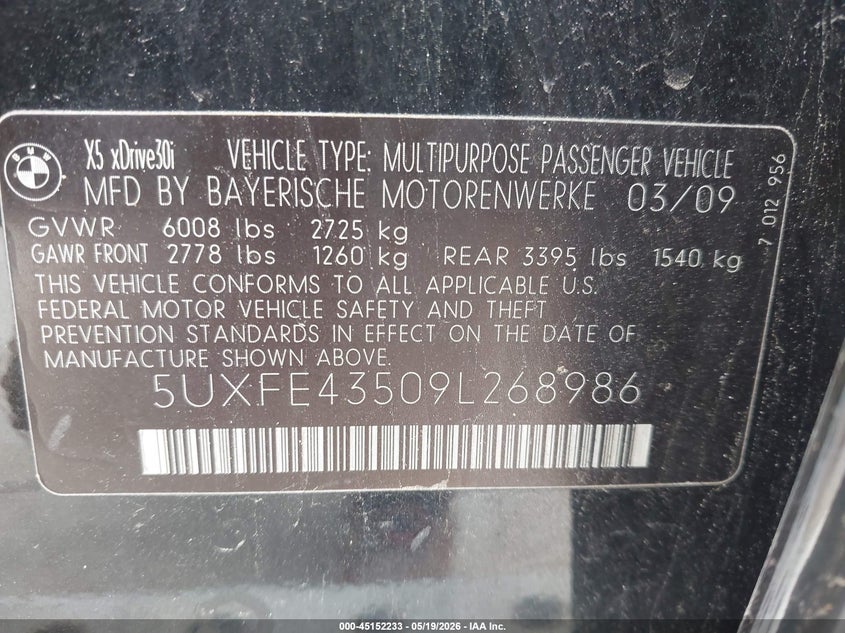2009 BMW X5 3.0 xDrive30I black Lot 111045152233 Vin 5UXFE43509L268986