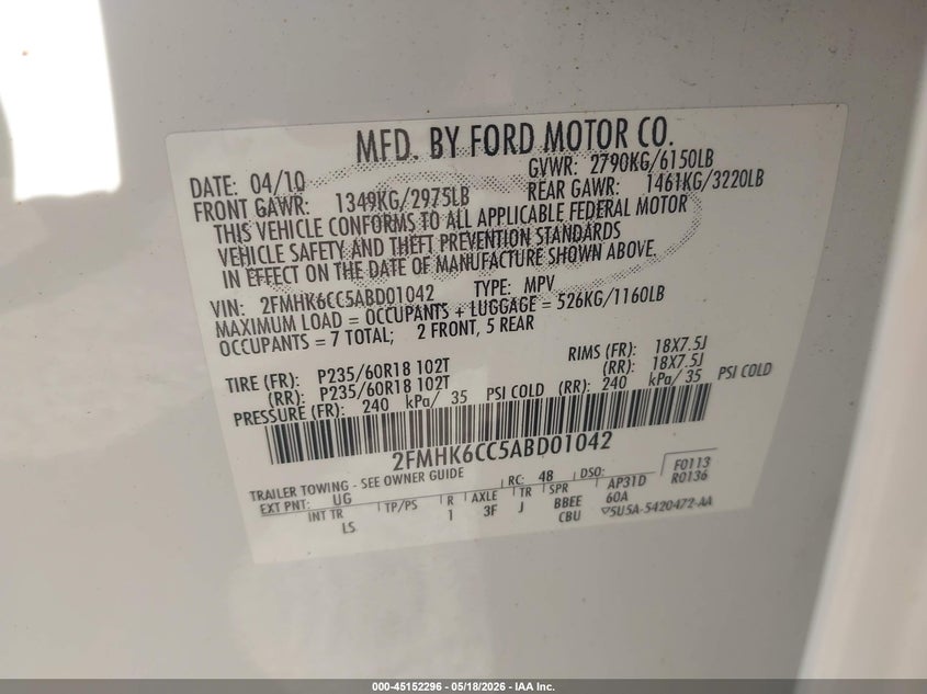 2010 Ford Flex 3.5 Sel White Lot 111045152296 Vin 2FMHK6CC5ABD01042