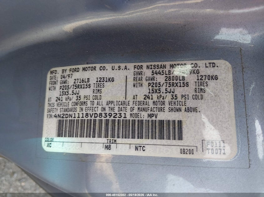 1997 Nissan Quest Gxe/Xe VIN: 4N2DN1118VD839231 Lot: 45152302