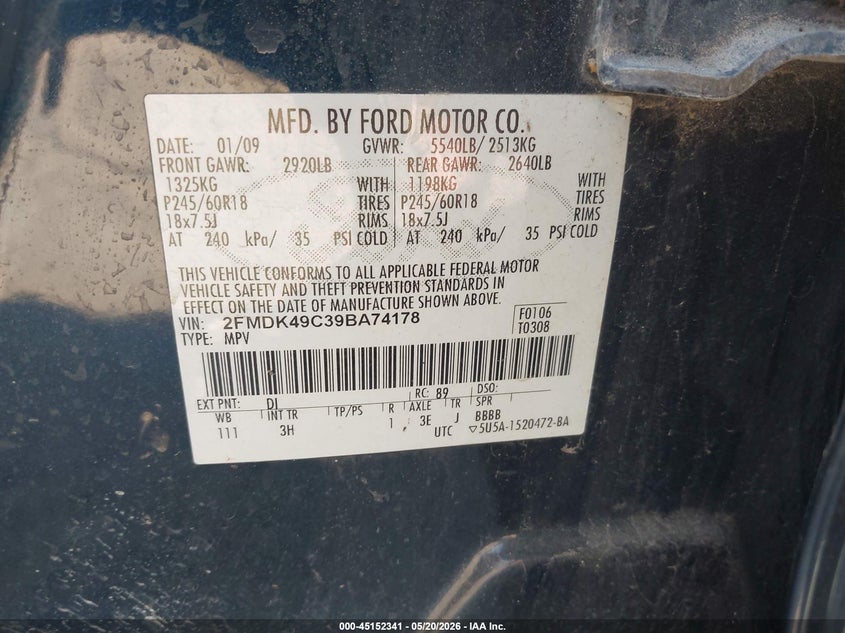 2009 Ford Edge 3.5 Limited Black Lot 111045152341 Vin 2FMDK49C39BA74178