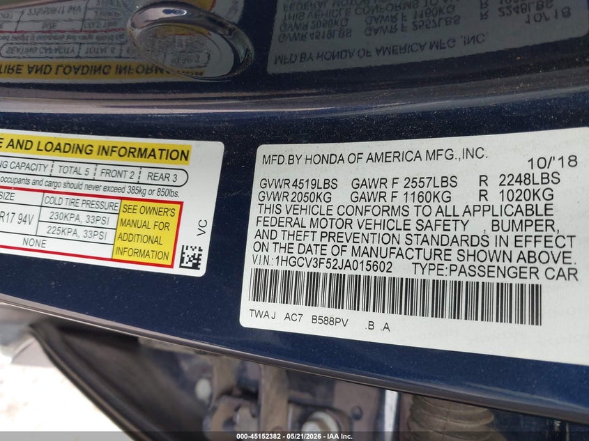 VIN 1HGCV3F52JA015602 2018 HONDA ACCORD HYBRID EX-L