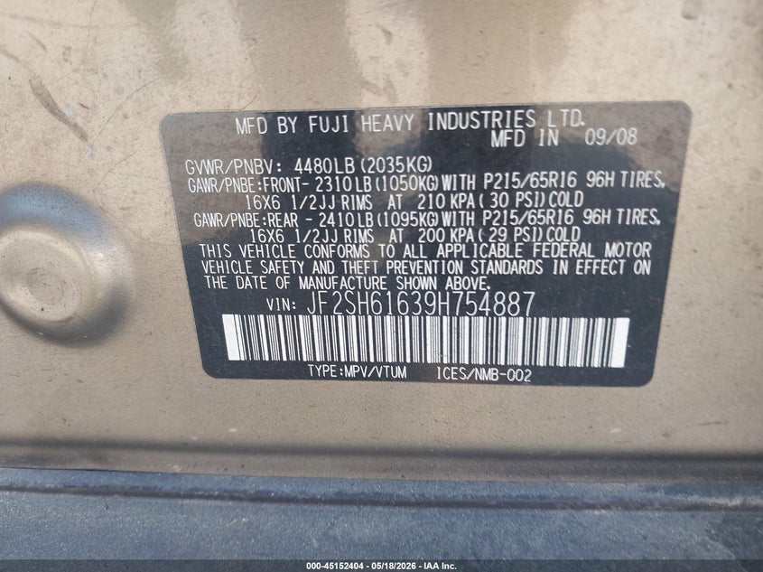 2009 Subaru Forester 2.5X VIN: JF2SH61639H754887 Lot: 45152404