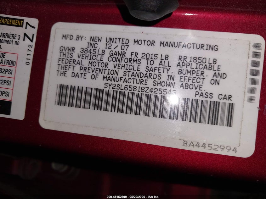 2008 Pontiac Vibe VIN: 5Y2SL65818Z425543 Lot: 45152509