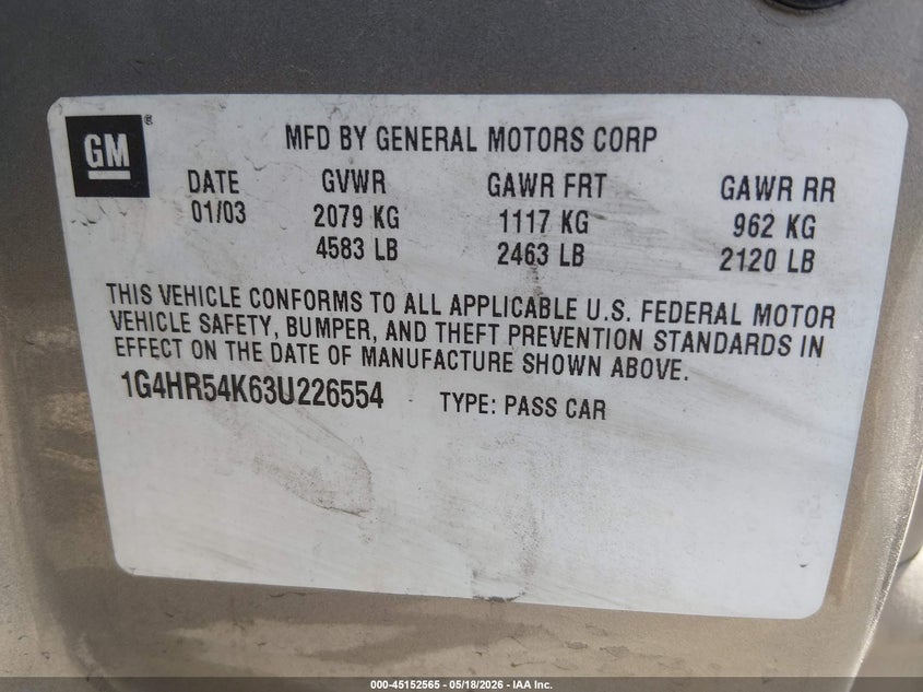 2003 Buick Lesabre Limited VIN: 1G4HR54K63U226554 Lot: 45152565