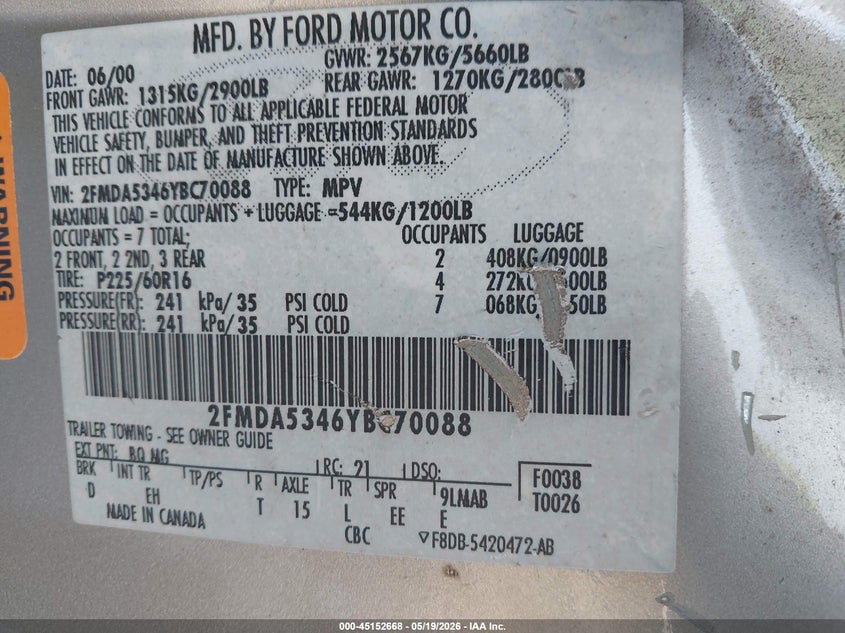 2000 Ford Windstar Limited/Sel VIN: 2FMDA5346YBC70088 Lot: 45152668