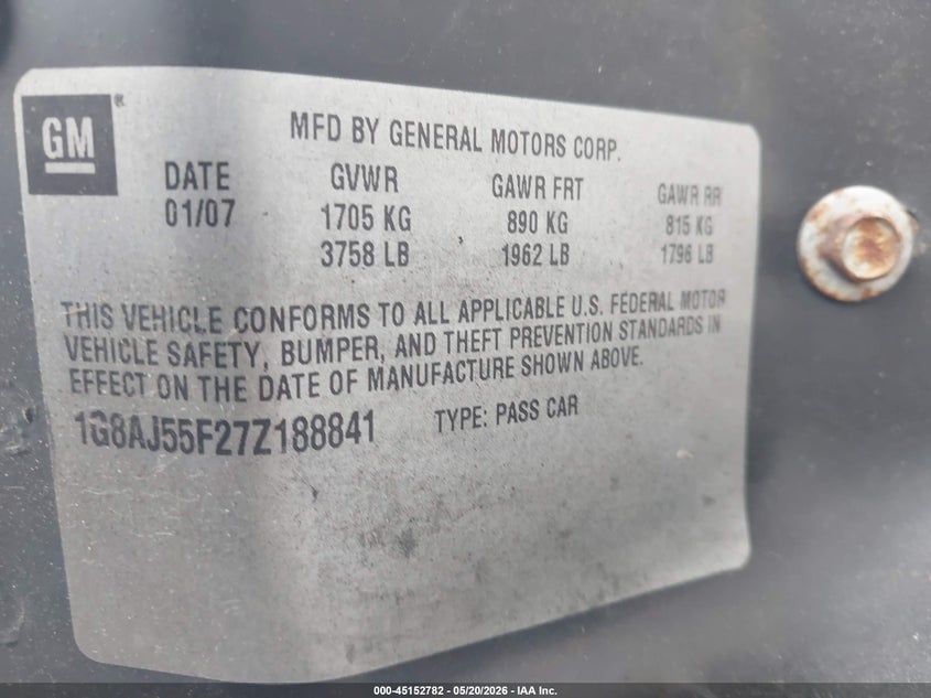 2007 Saturn Ion 2 VIN: 1G8AJ55F27Z188841 Lot: 45152782