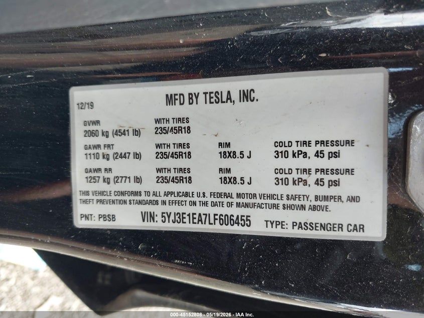 TESLA MODEL 3 2020 VIN 5YJ3E1EA7LF606455