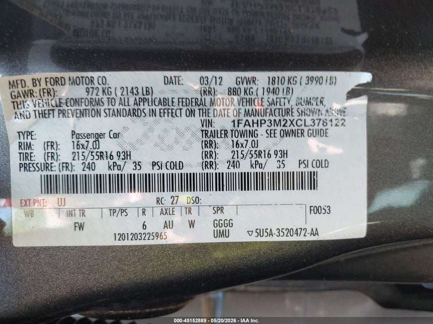 2012 Ford Focus 2.0 Sel grey Lot 111045152889 Vin 1FAHP3M2XCL378122