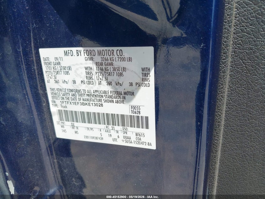 2011 Ford F-150 Fx4/Lariat/Stx/Xl/Xlt VIN: 1FTFX1EF3BKE13028 Lot: 45152900
