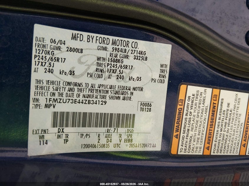 2004 Ford Explorer Nbx/Xlt VIN: 1FMZU73E44ZB34129 Lot: 45152937