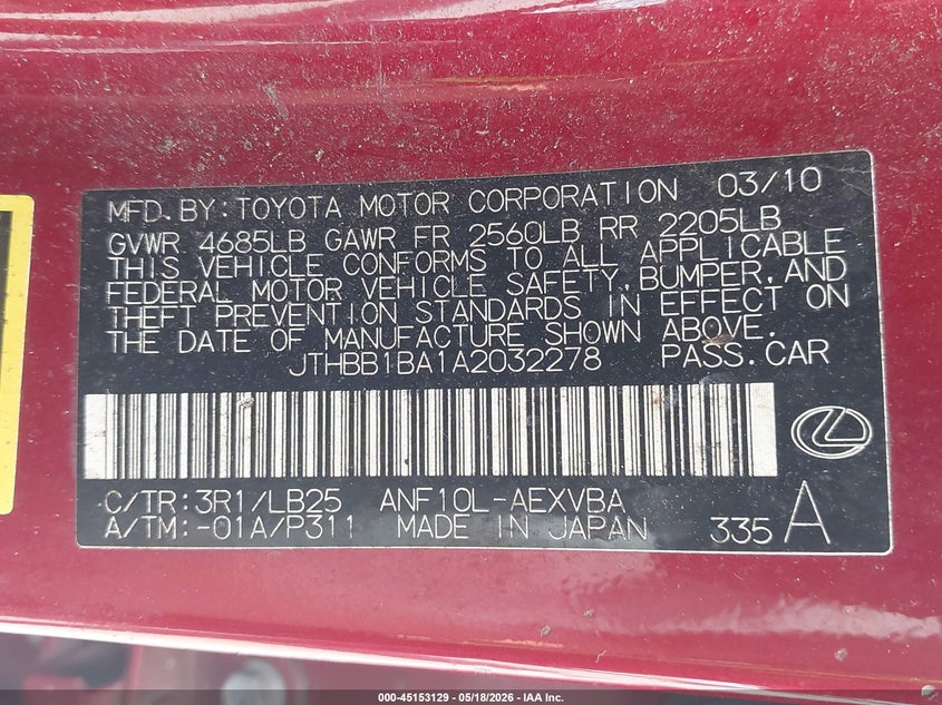 2010 Lexus Hs 250H VIN: JTHBB1BA1A2032278 Lot: 45153129
